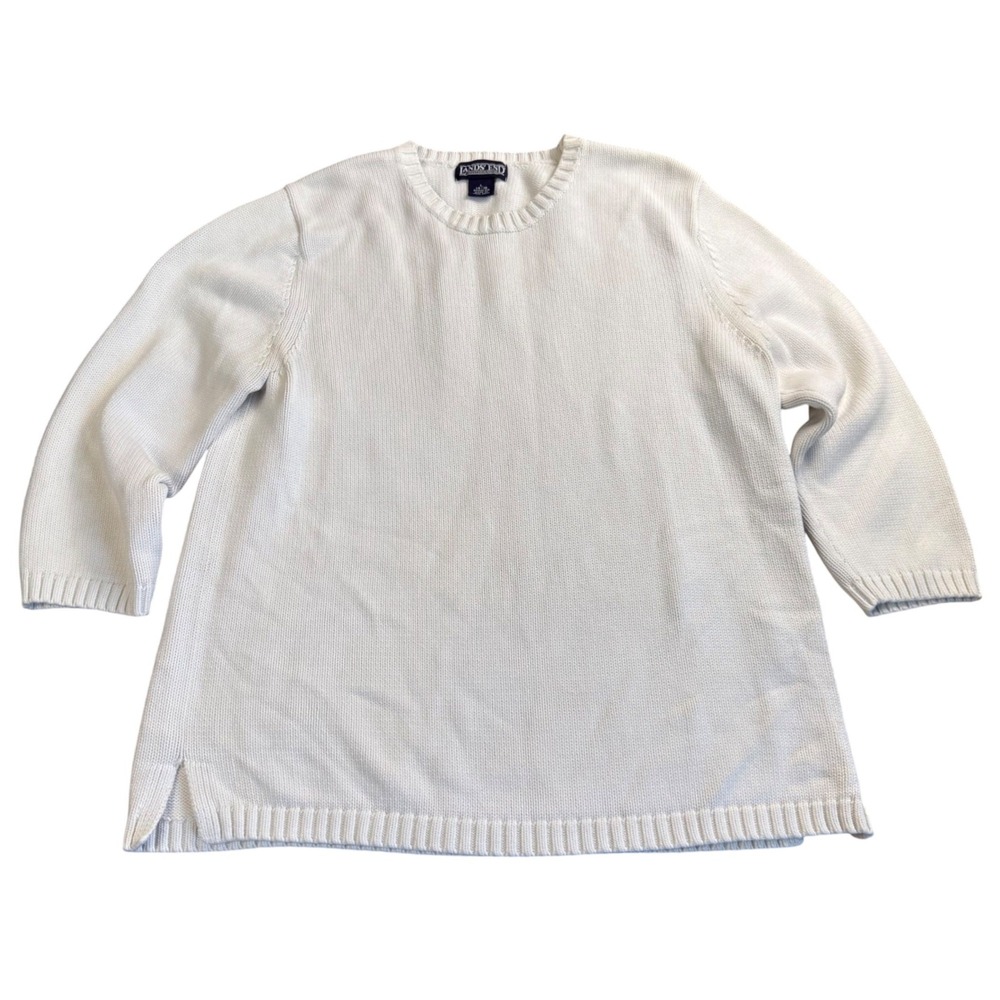 Lands' End Sweater Women Large 14-16 Cotton 3/4 Sleeve Crewneck Coastal Preppy